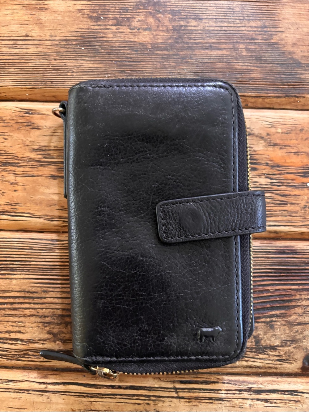 Will Leather Goods Black Leather Zip Wallet with Snap Tab